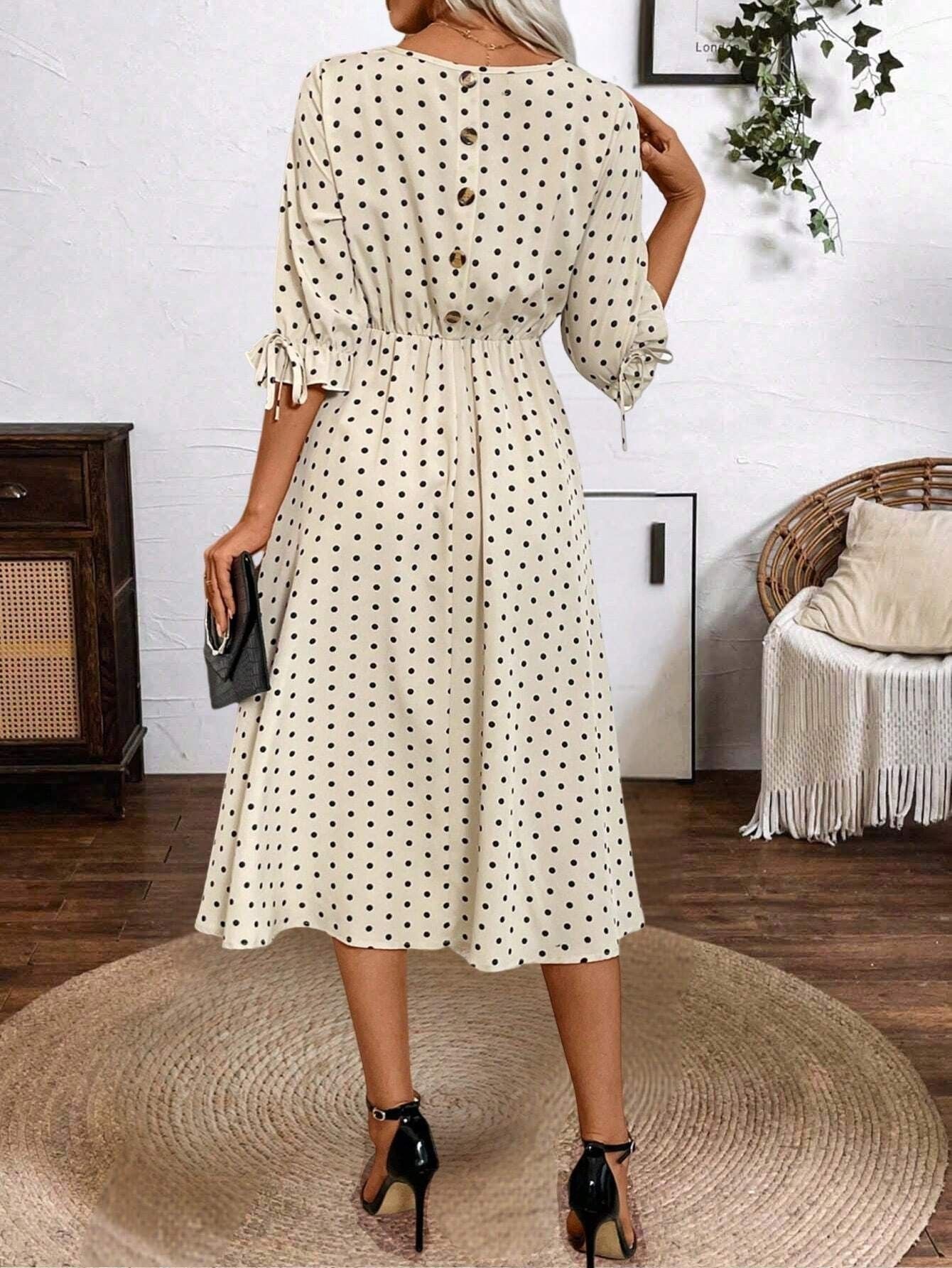 Damen Retro-Dot Kleid mit elastischer Taille und voluminösen Ärmeln Fudus