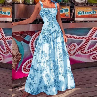 Damen Maxikleid mit floralen Motiven und schwingendem Rock Fudus