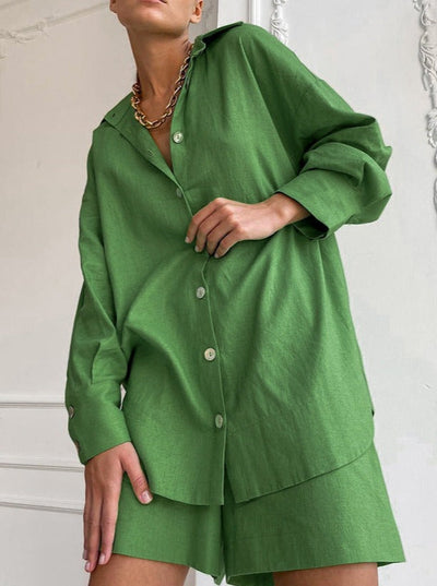 Damen Baumwollset mit Oversized-Bluse und lockerer Hose