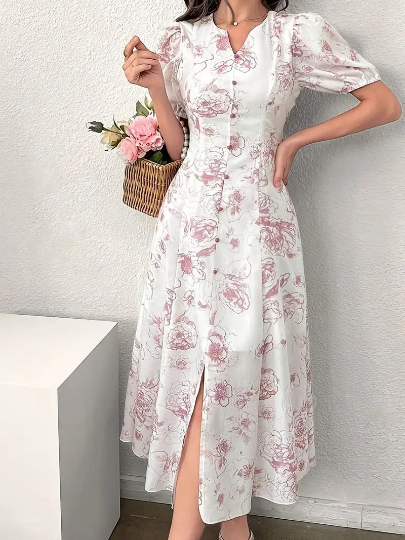 Damen florales Maxikleid mit knöpfbarem V-Ausschnitt und schickem Schlitz Fudus