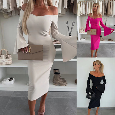 Damen Off-Shoulder Kleid mit Ballonärmeln und figurbetonter Silhouette Fudus