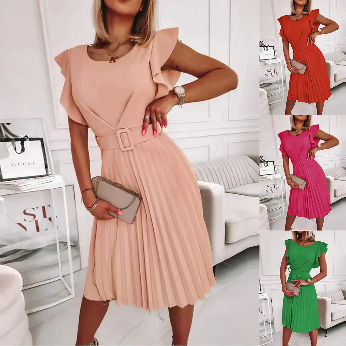 Damen Faltenrock-Kleid mit Rüschendetails und Taillengürtel Fudus