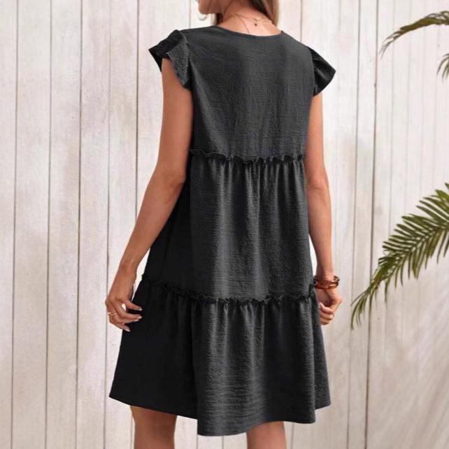 Damen lässiges Kurzkleid mit fröhlichen Rüschen und voluminösem Schnitt Fudus
