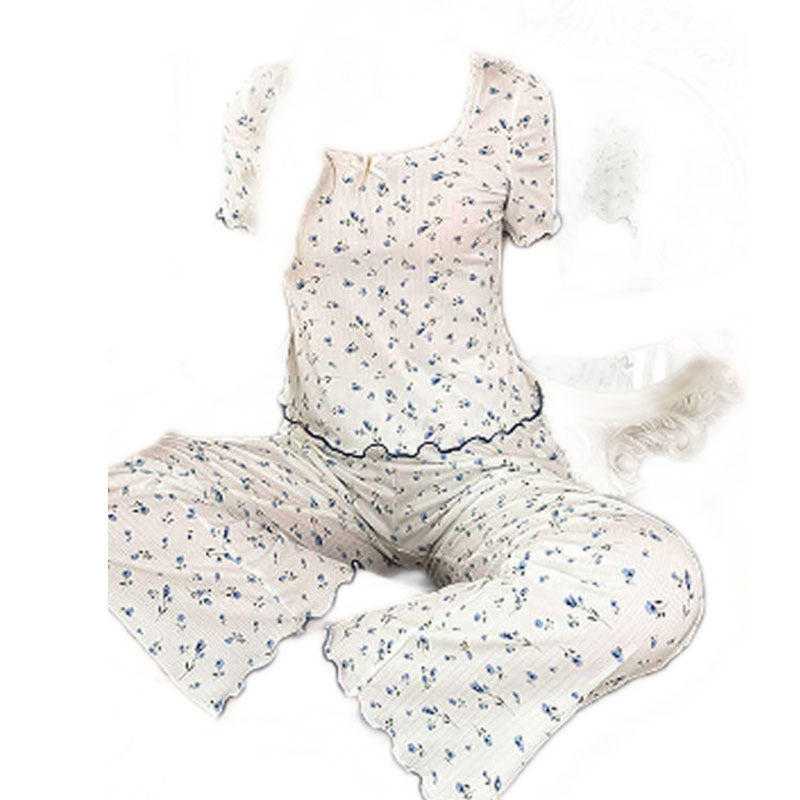 Damen Schlafanzug mit floralem Print und Spitzenabschlüssen Fudus