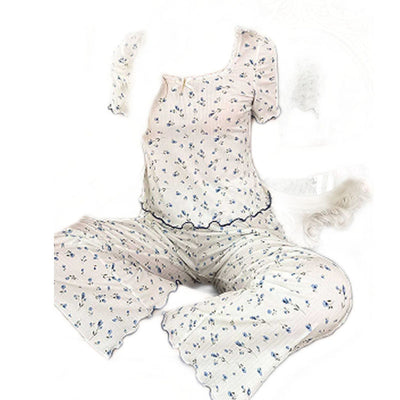 Damen Schlafanzug mit floralem Print und Spitzenabschlüssen Fudus