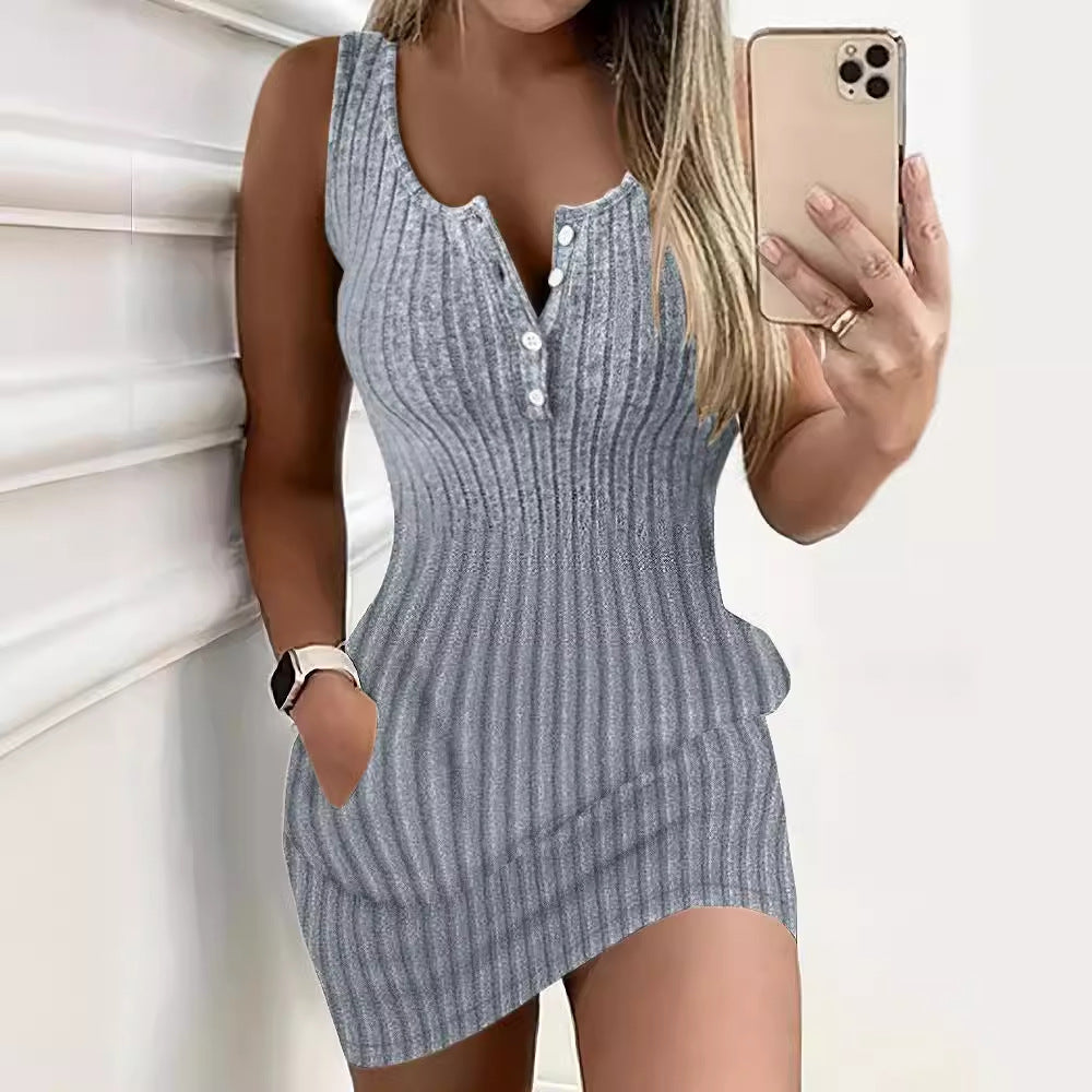 Damen Figurbetontes Strickkleid mit Knopfleiste und Taschen Fudus