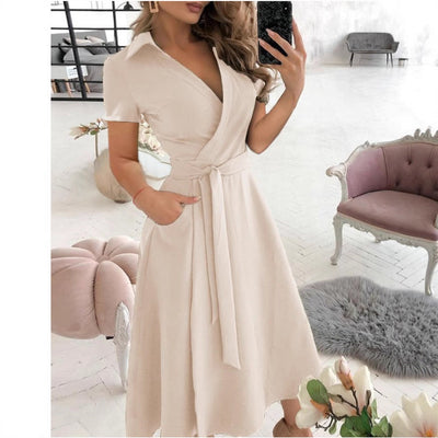 Damen Wickelkleid mit Kragen und taillierbarem Gürtel Fudus