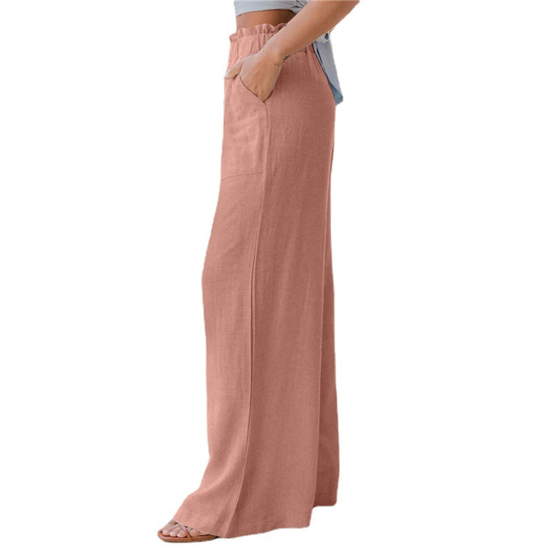 Damen Weite Leinenhose mit elastischem Bund und praktischen Taschen Fudus