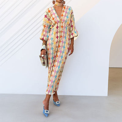 Damen Maxikleid mit kreativem Rautenmuster und voluminösen Ärmeln Fudus