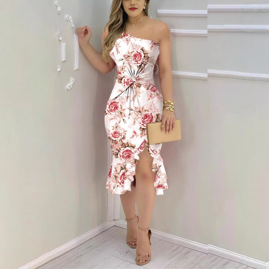 Damen Etuikleid mit asymmetrischem Saum und floralem Muster Fudus