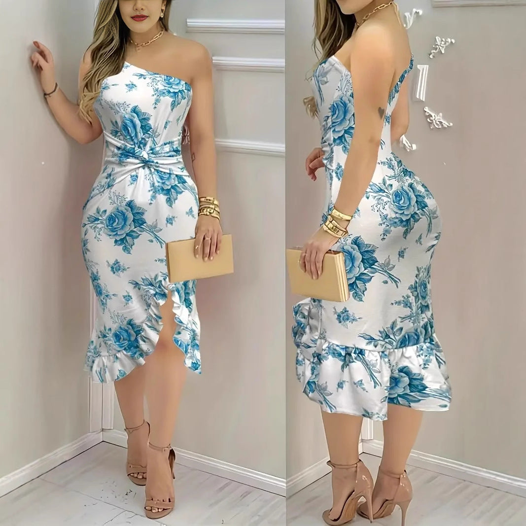 Damen Etuikleid mit asymmetrischem Saum und floralem Muster Fudus