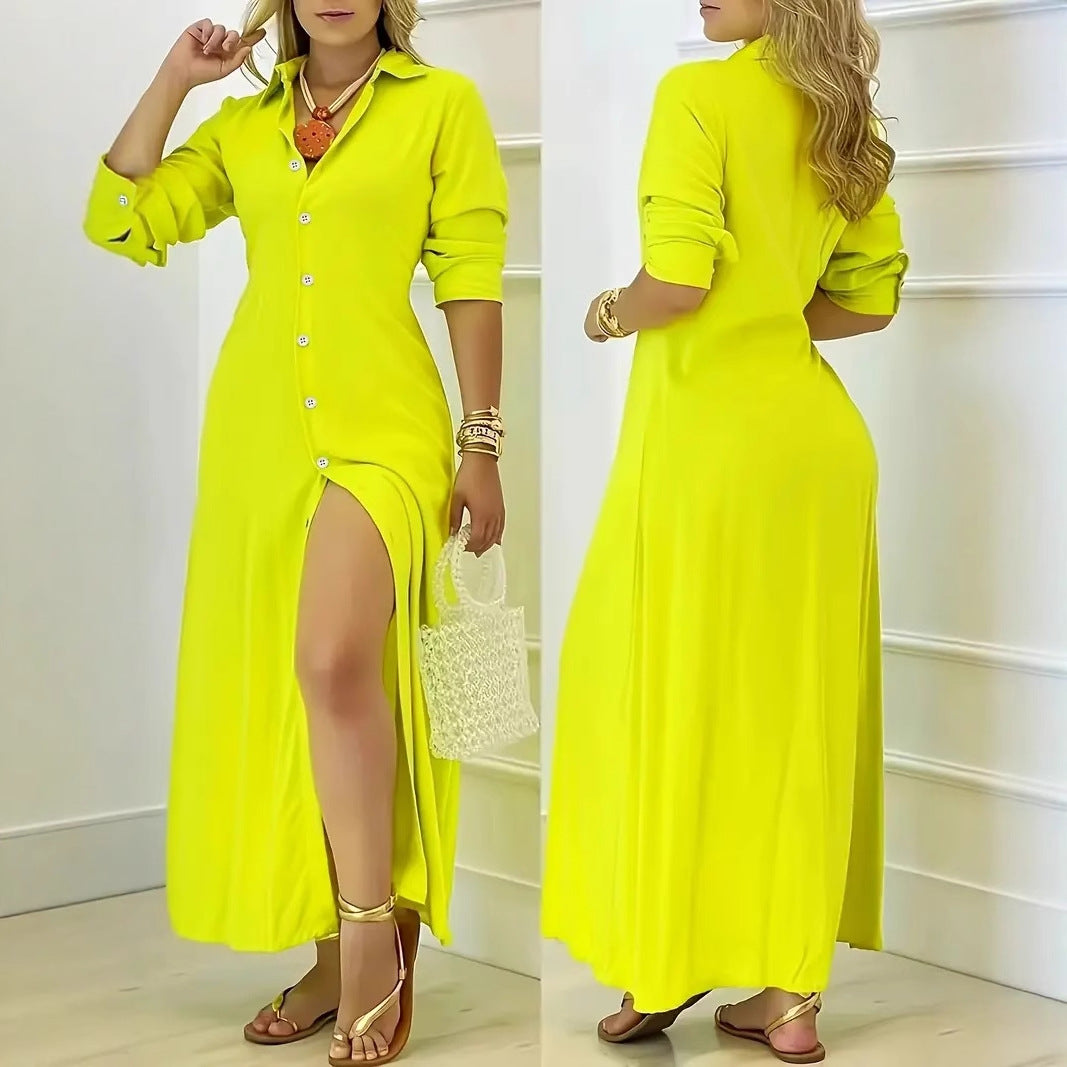 Damen Maxikleid mit Knopfverschluss und seitlichem Schlitz Fudus