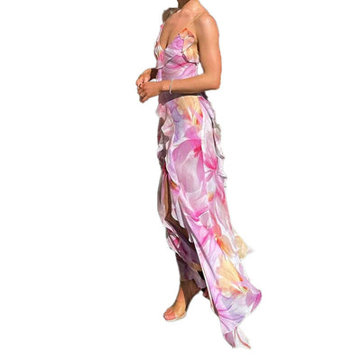 Damen Maxikleid mit verspieltem Rüschensaum und hohem Schlitz Fudus