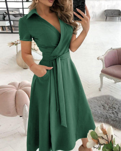 Damen Wickelkleid mit Kragen und taillierbarem Gürtel Fudus