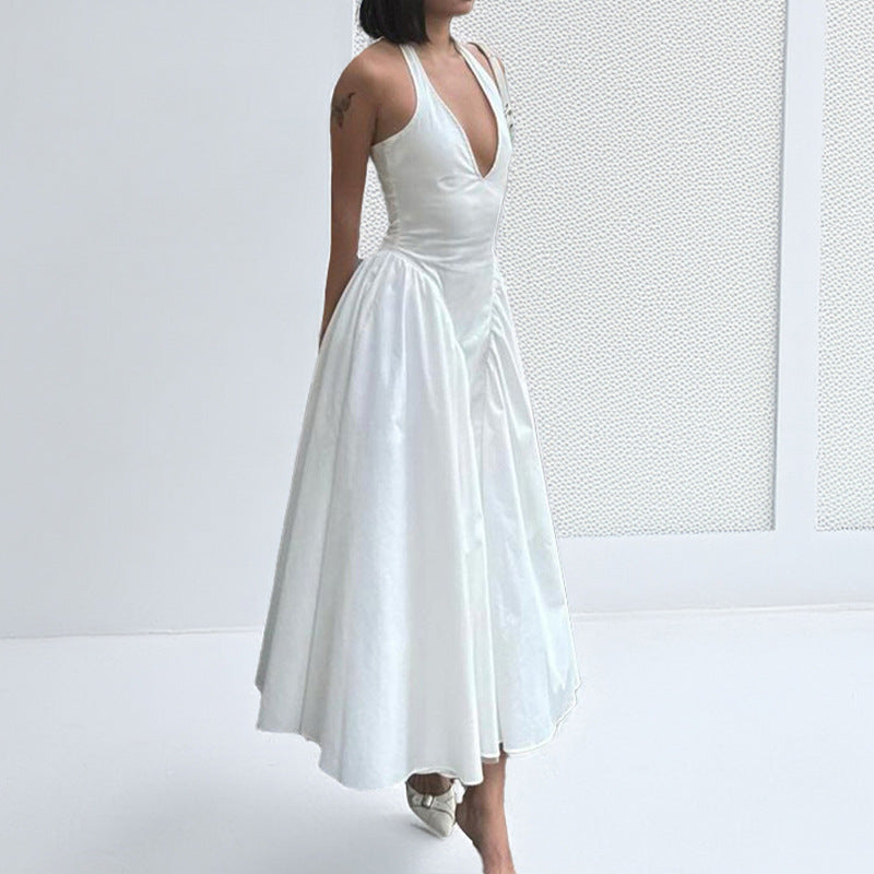 Damen Maxikleid mit tiefem V-Ausschnitt und schwingendem Rock Fudus