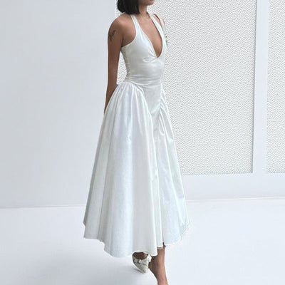 Damen Maxikleid mit tiefem V-Ausschnitt und schwingendem Rock Fudus