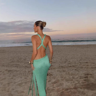 Damen Langes Strickkleid mit tiefem V-Ausschnitt und seitlichen Cut-Outs Fudus