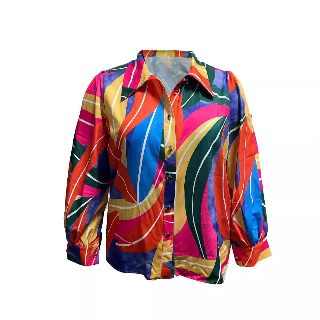 Damen modische Bluse mit buntem grafischen Muster und voluminösen Ärmeln Fudus