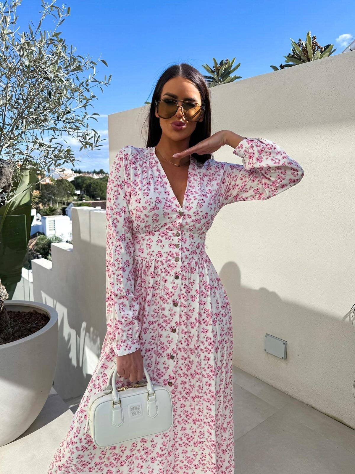 Damen Knielanges Hemdblusenkleid mit kreativen Druck und eleganter Knopfdetails Fudus