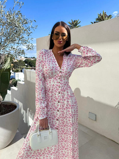 Damen Knielanges Hemdblusenkleid mit kreativen Druck und eleganter Knopfdetails Fudus