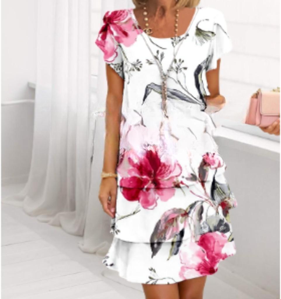 Damen Fließendes Maxi-Kleid mit eleganten Volant-Details und kreativem Grafikmuster Fudus