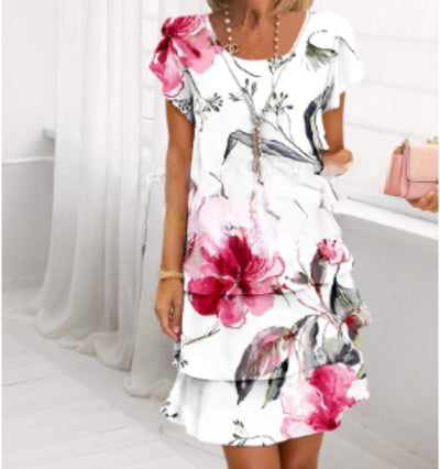 Damen Fließendes Maxi-Kleid mit eleganten Volant-Details und kreativem Grafikmuster Fudus