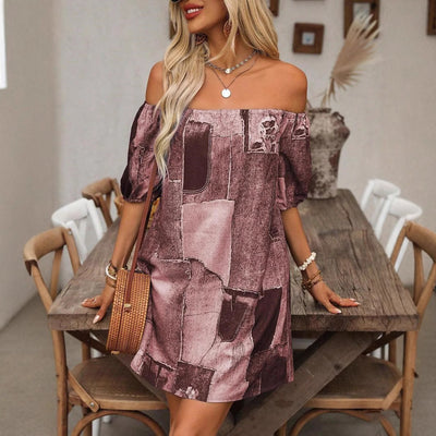 Damen Off-Shoulder Kleid mit modernem Patchwork-Design Fudus