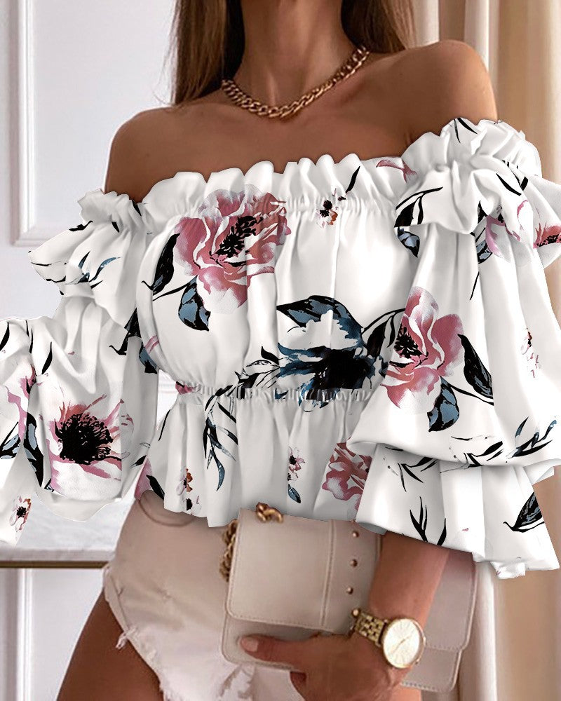 Damen Elegantes Off-Shoulder Oberteil mit voluminösen Rüschen und floralem Muster Fudus