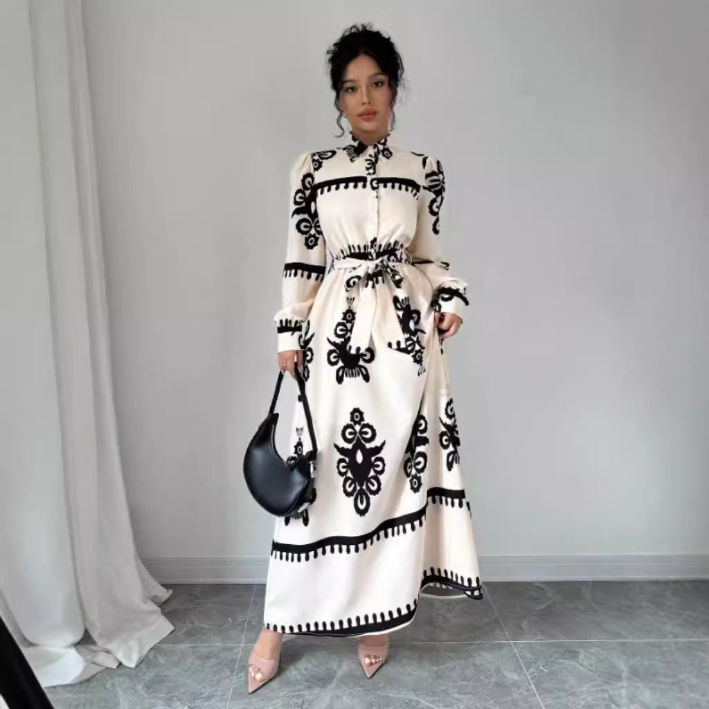 Damen Hemdblusenkleid mit kunstvollem Muster und Taillengürtel Fudus