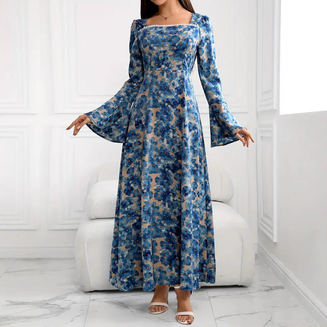 Damen elegantes Maxikleid mit floralen Mustern und voluminösen Ärmeln Fudus
