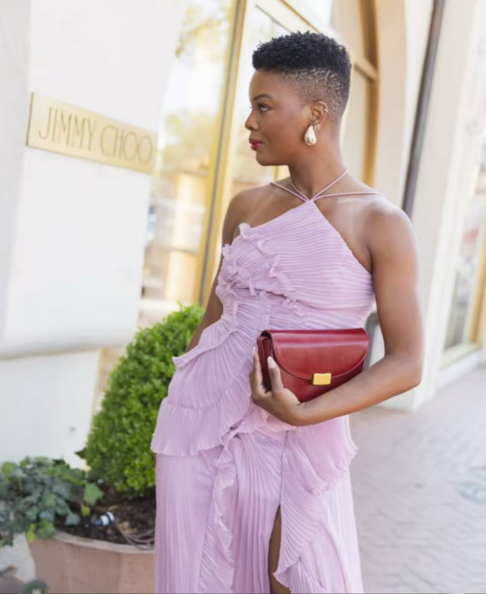 Damen Plissee-Kleid mit asymmetrischem Schnitt und Rüschen Fudus