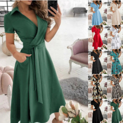 Damen Wickelkleid mit Kragen und taillierbarem Gürtel Fudus