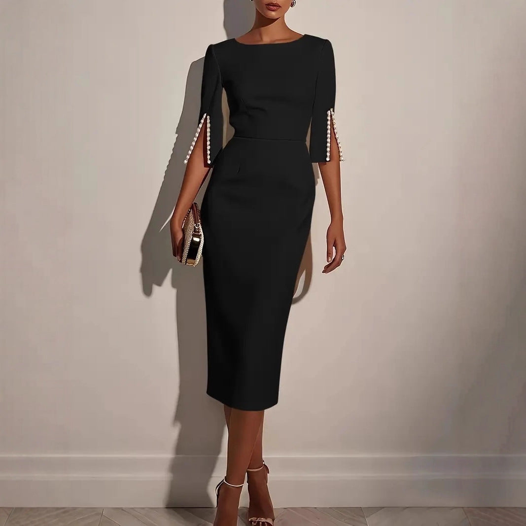 Damen elegantes Hochzeitskleid mit langen Ärmeln und Perlenverzierungen Fudus
