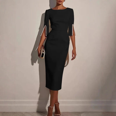 Damen elegantes Hochzeitskleid mit langen Ärmeln und Perlenverzierungen Fudus