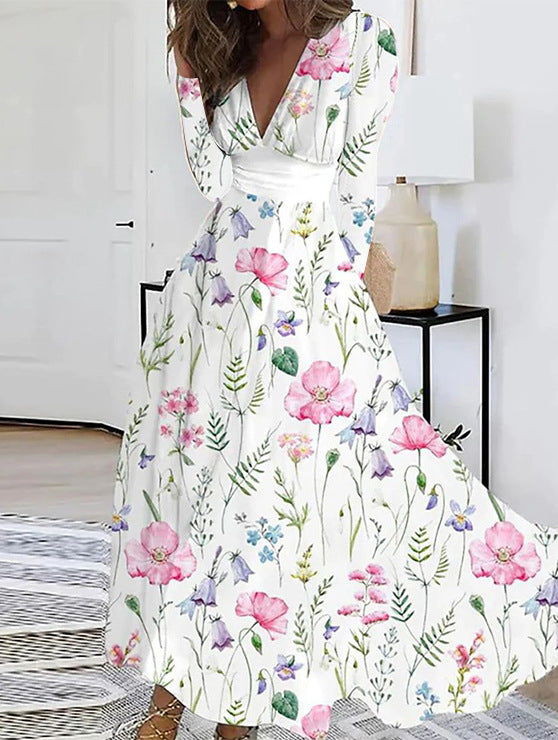 Damen Maxikleid mit floralem Design und V-Ausschnitt Fudus