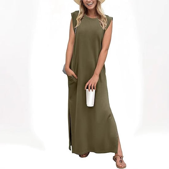Damen lässiges Maxi-Kleid mit seitlichen Taschen Fudus
