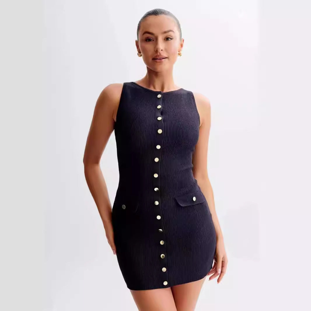 Damen figurbetontes Kleid mit Knopfdetails und Taschen Fudus
