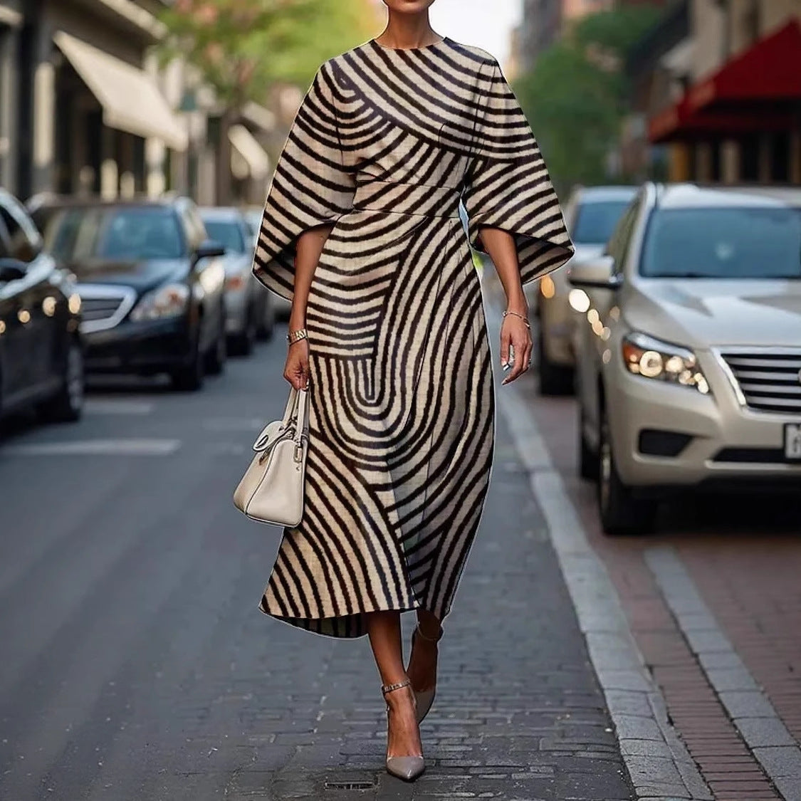 Damen Maxi-Kleid mit voluminösen Ärmeln und floralem Muster Fudus