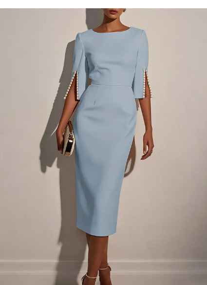 Damen elegantes Hochzeitskleid mit langen Ärmeln und Perlenverzierungen Fudus