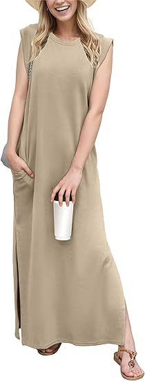 Damen lässiges Maxi-Kleid mit seitlichen Taschen Fudus