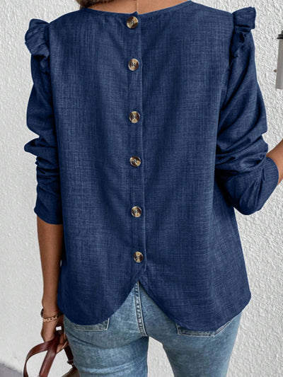 Damen Blusenshirt mit dekorativen Rüschendetails und Knopfleiste Fudus