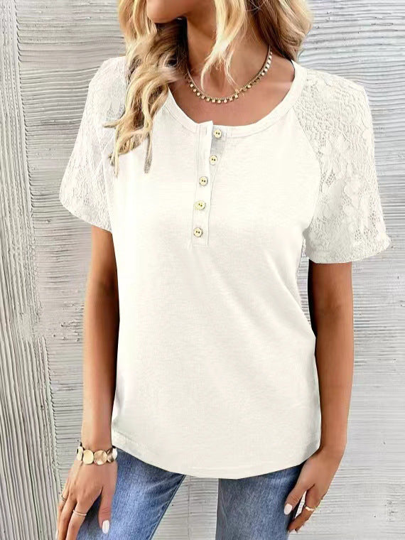 Damen T-Shirt mit Spitzenärmel und Knopfdetail Fudus