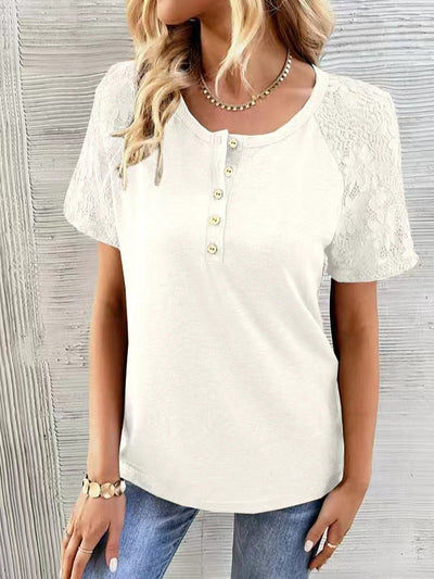 Damen T-Shirt mit Spitzenärmel und Knopfdetail Fudus