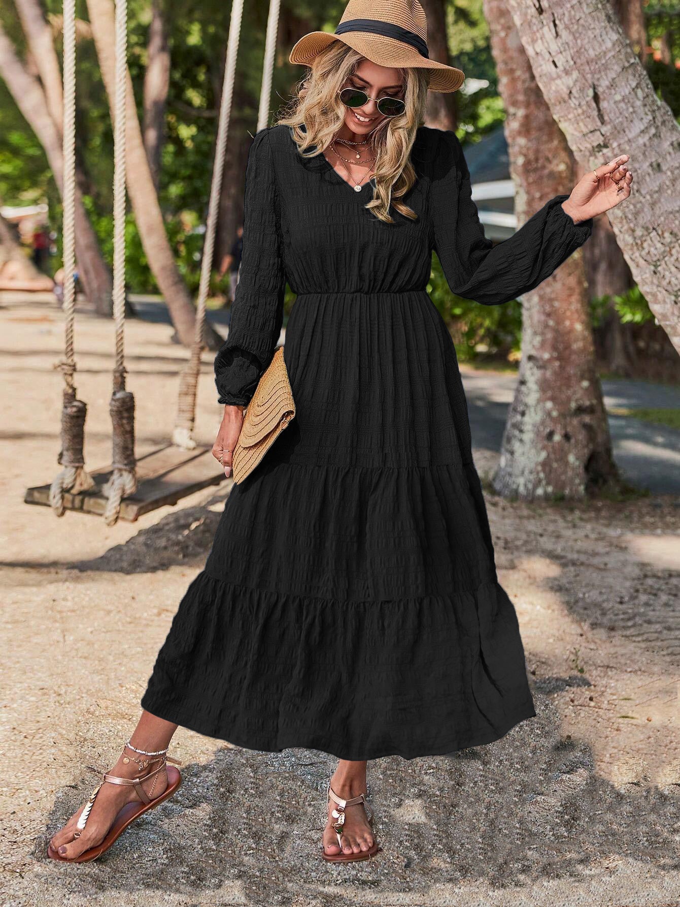 Damen elegantes Maxi-Kleid mit V-Ausschnitt und Volants Fudus