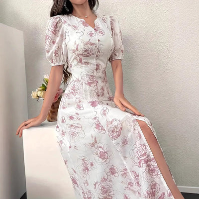 Damen florales Maxikleid mit knöpfbarem V-Ausschnitt und schickem Schlitz Fudus