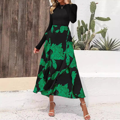 Damen Elegantes Maxikleid mit kontrastierenden Ärmeln und floralem Saum Fudus