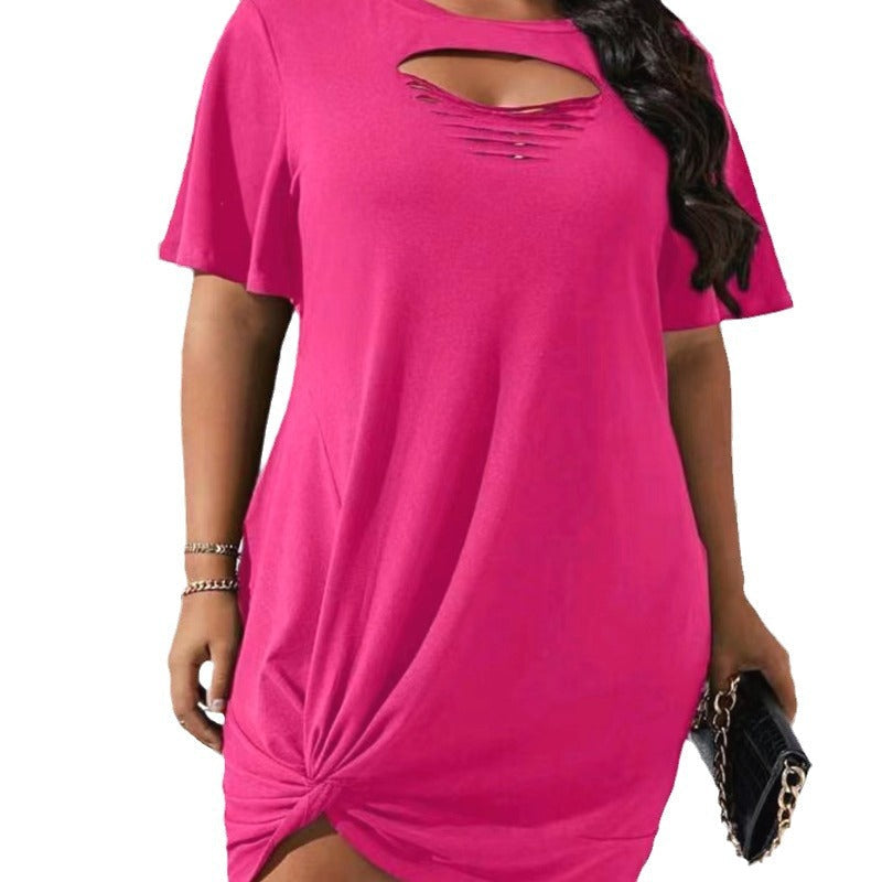 Damen Kurzarm Kleid mit kreativem Cut-Out und Knoten-Detail Fudus