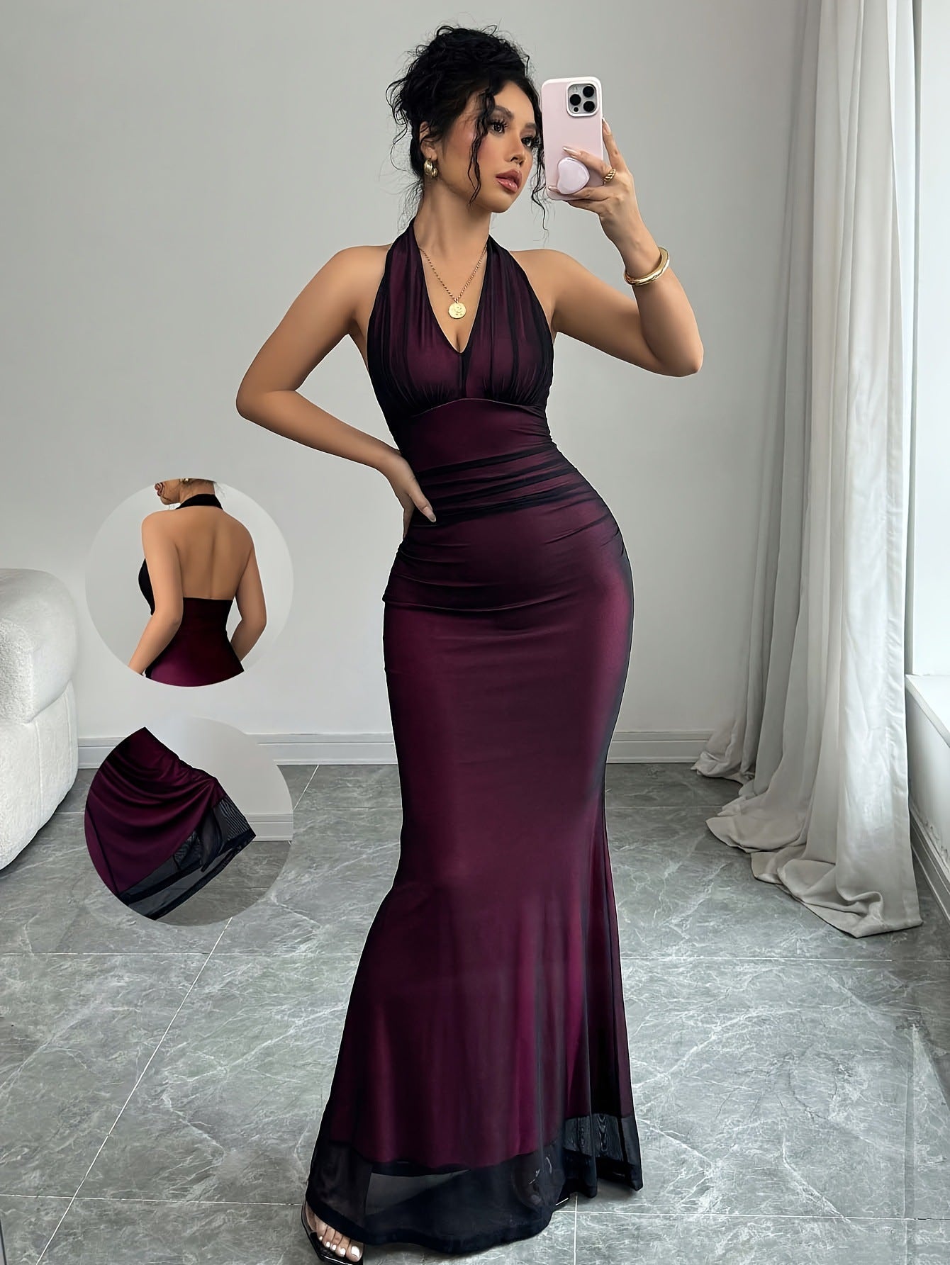 Damen elegantes Maxikleid mit schmeichelndem Rückenausschnitt und fließendem Rock Fudus