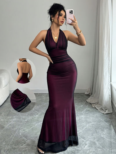 Damen elegantes Maxikleid mit schmeichelndem Rückenausschnitt und fließendem Rock Fudus