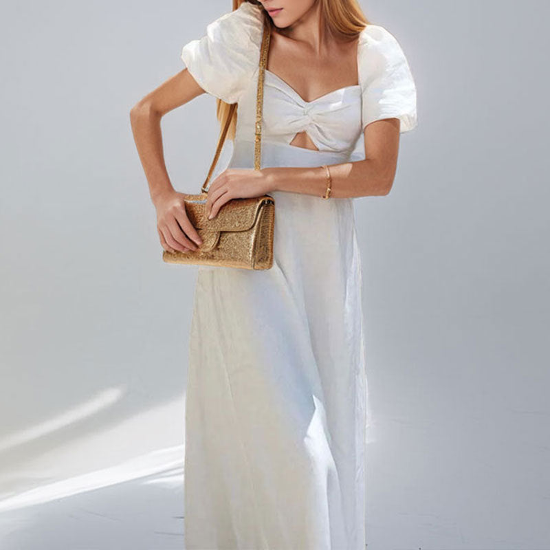 Damen Maxikleid mit gerafften Puffärmeln und schickem Ausschnitt Fudus